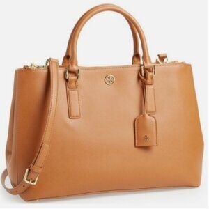 Tory Burch Robinson Double-Zip Luggage Brown Saffiano Leather Tote Bag AUTH